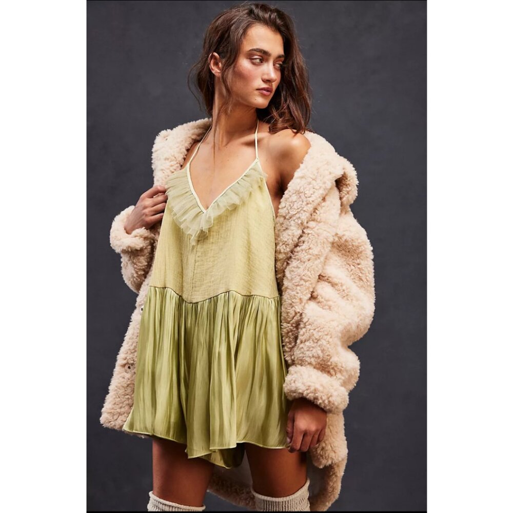 NWT Free People Do A Twirl Romper Snakeskin Green Small Ruffled Halter Open Back